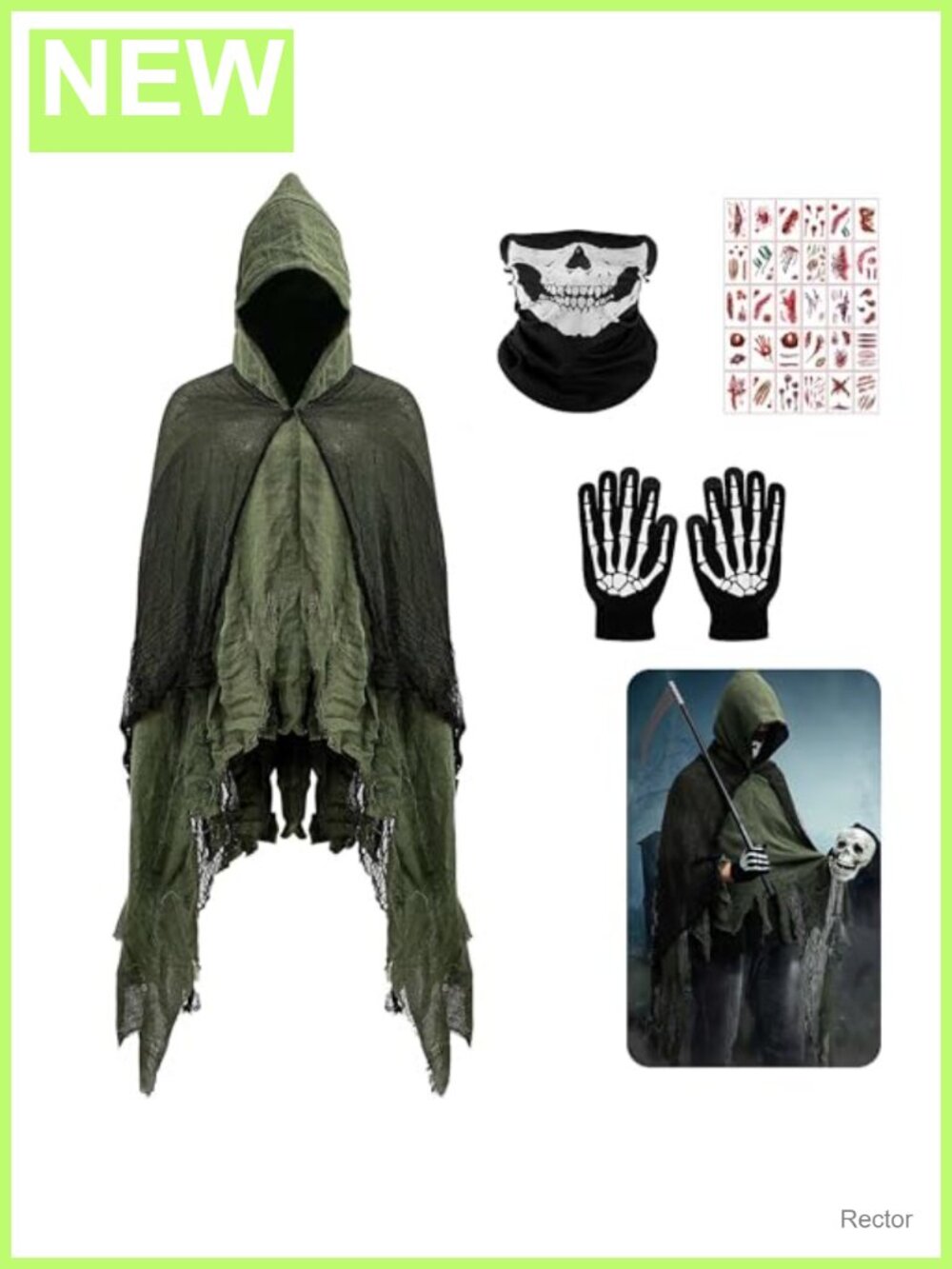 Halloween Hooded Mesh Cloak Grim Reaper Costume Set with Mask Gloves Tattoos
